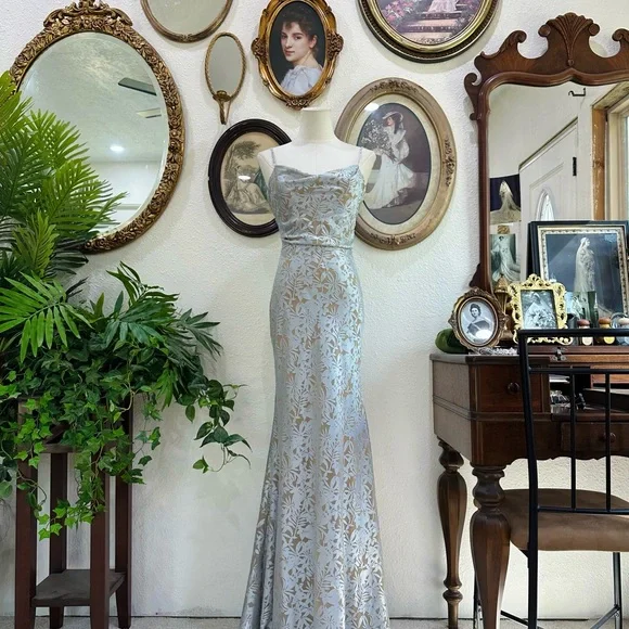 Jenny Yoo Silver-Blue Floral Maxi Gown - Picture 5 of 10